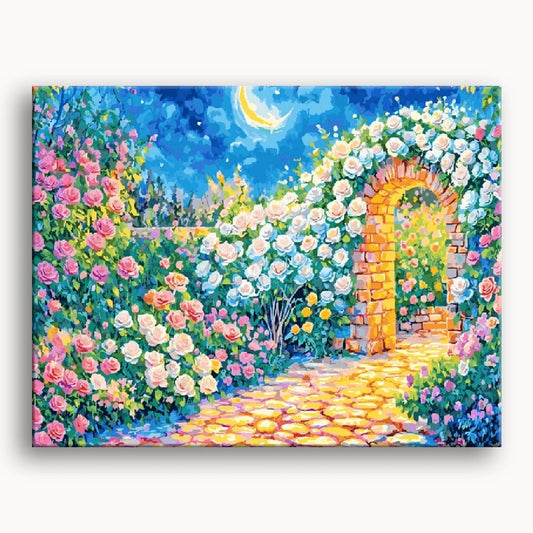 A painting depicting a serene garden filled with blooming roses under a glowing moonlight.