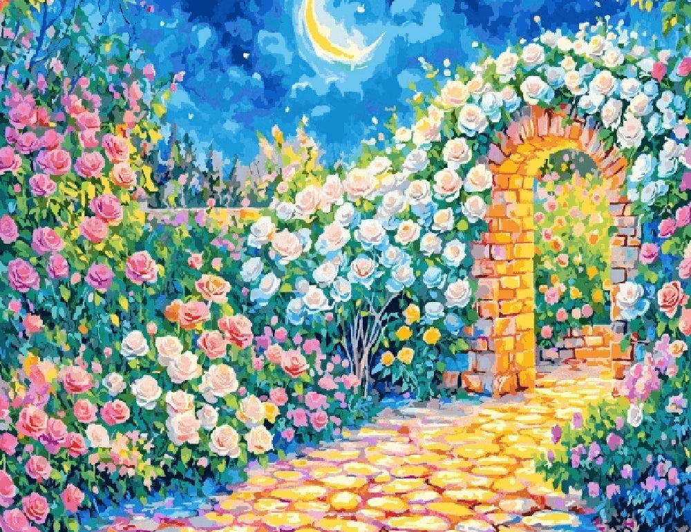A painting depicting a serene garden filled with blooming roses under a glowing moonlight.