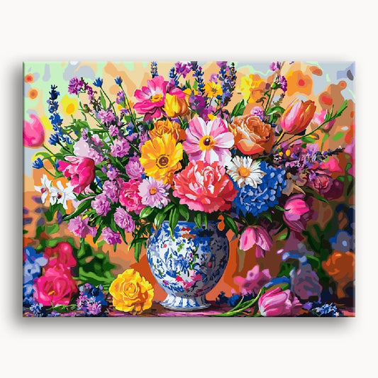 A vibrant painting of a colorful bouquet featuring various flowers in full bloom.