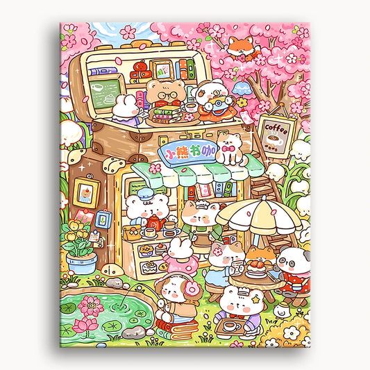 A colorful cartoon of a cafe filled with various playful cats lounging and interacting with each other and customers.