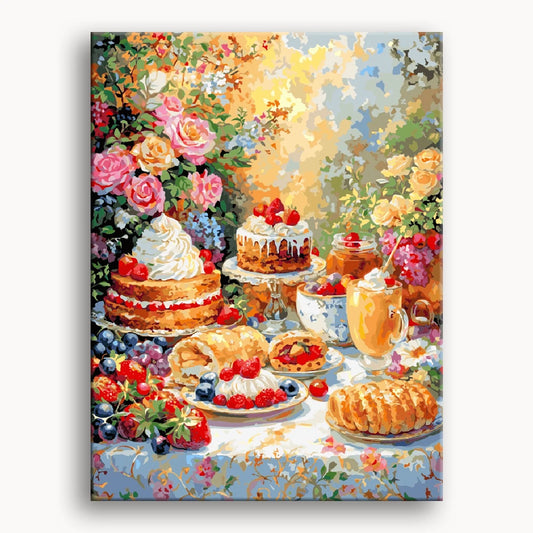 A painting depicting a table adorned with various cakes and an assortment of food items.