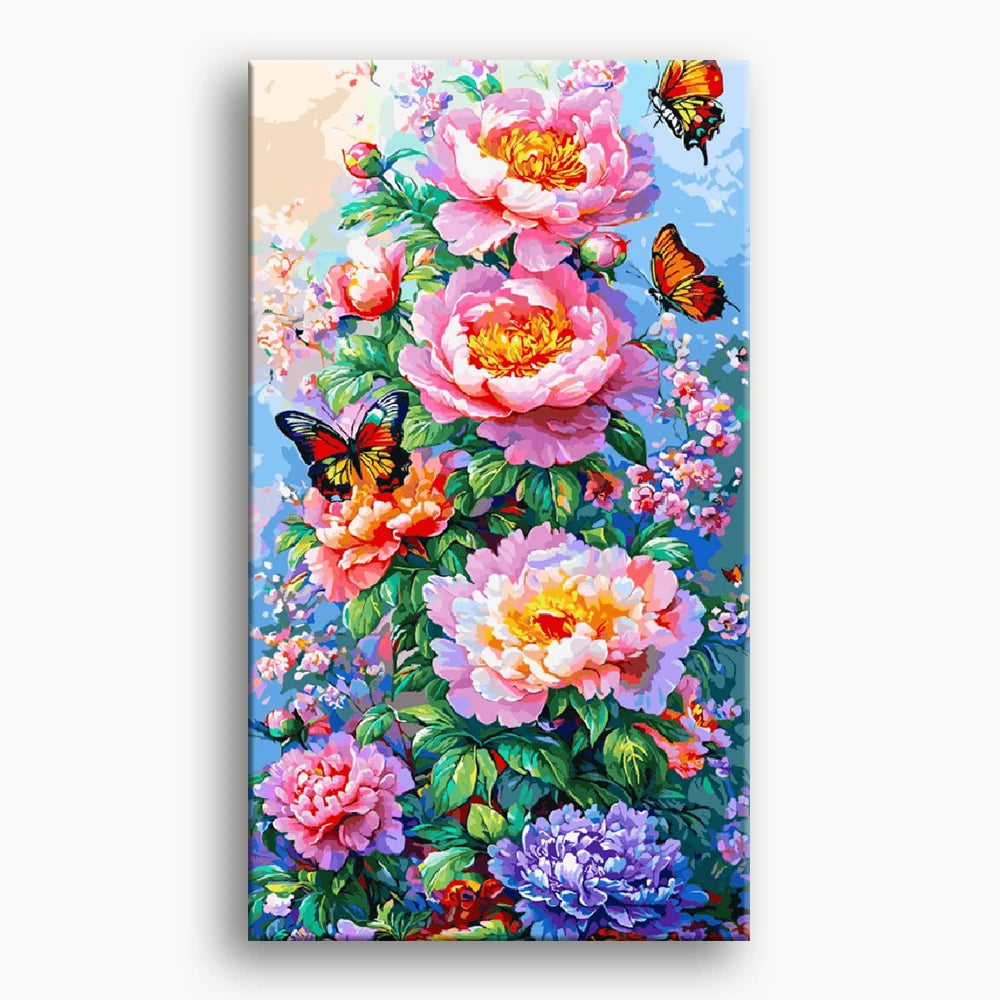 A vibrant painting featuring colorful flowers surrounded by delicate butterflies in a serene garden setting.