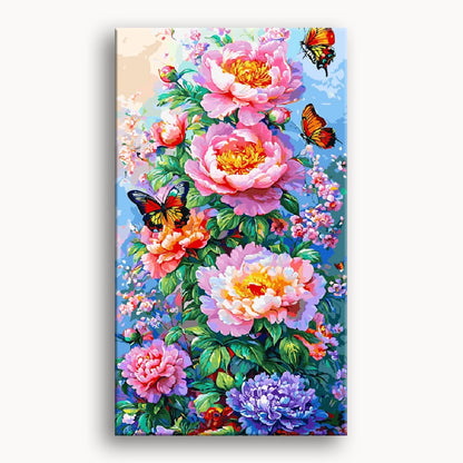 A vibrant painting featuring colorful flowers surrounded by delicate butterflies in a serene garden setting.