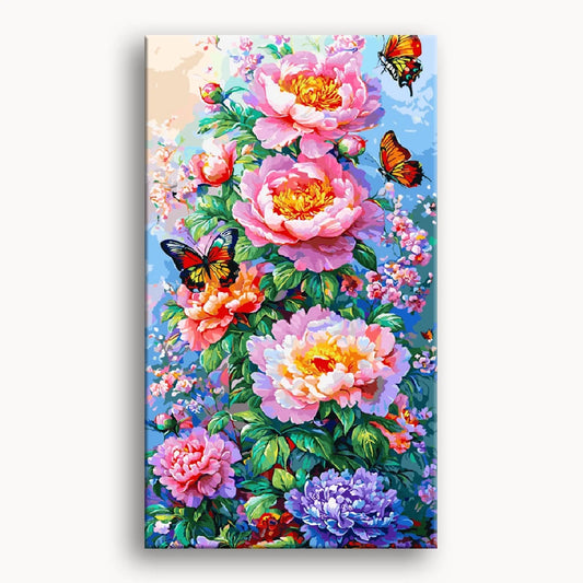 A vibrant painting featuring colorful flowers surrounded by delicate butterflies in a serene garden setting.