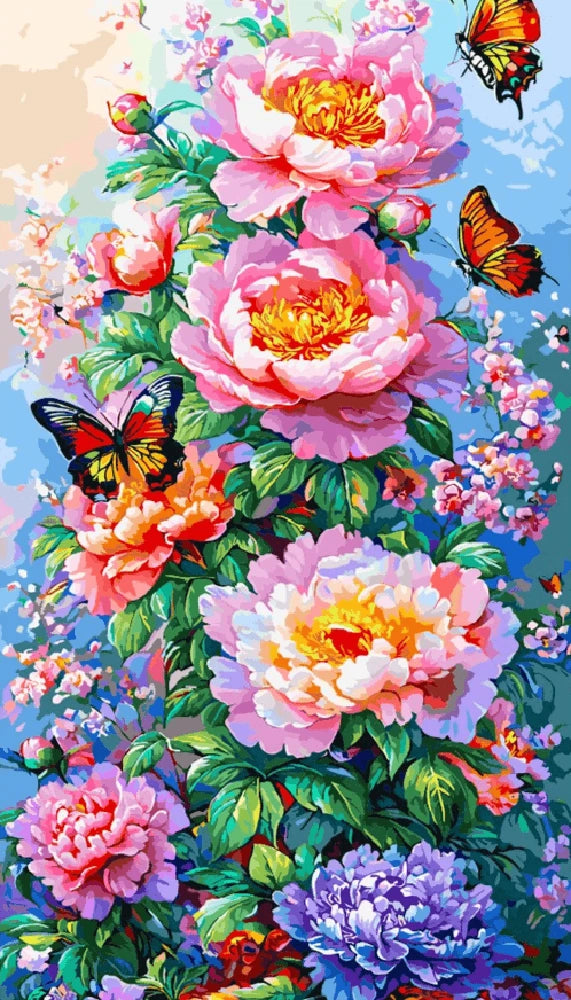 A vibrant painting featuring colorful flowers surrounded by delicate butterflies in a serene garden setting.