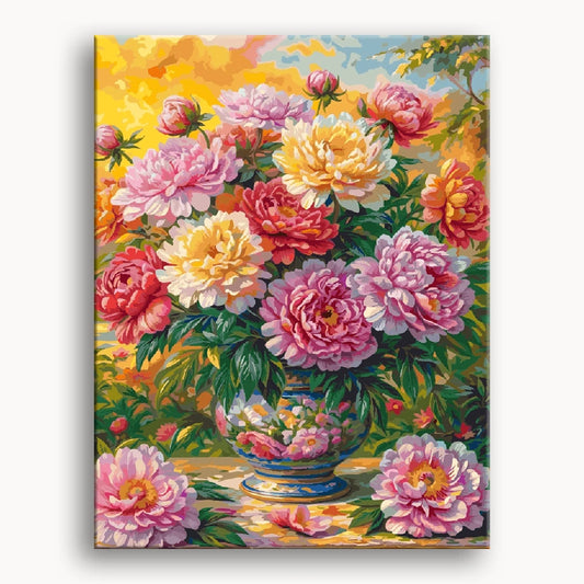 A colorful painting of a vase overflowing with various flowers, showcasing vibrant petals and lush greenery.