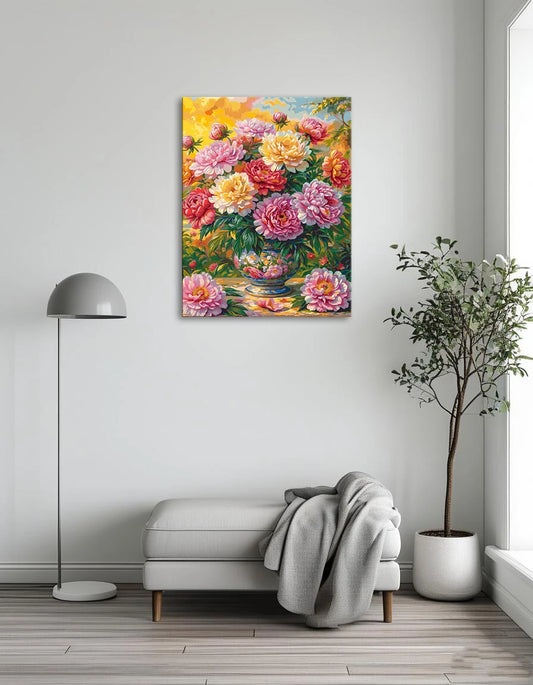 A colorful painting of a vase overflowing with various flowers, showcasing vibrant petals and lush greenery.