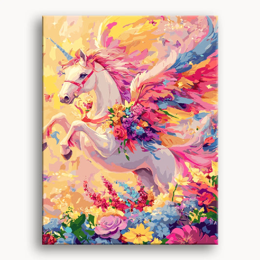 A vibrant painting of a unicorn with colorful wings, set against a whimsical background.
