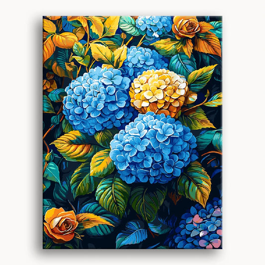 A vibrant painting featuring blue and yellow flowers against a soft background.