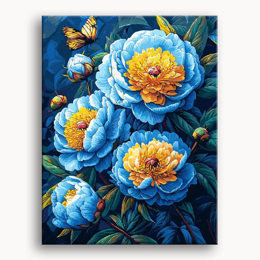 Blue peonies with yellow butterflies fluttering on a serene blue background.