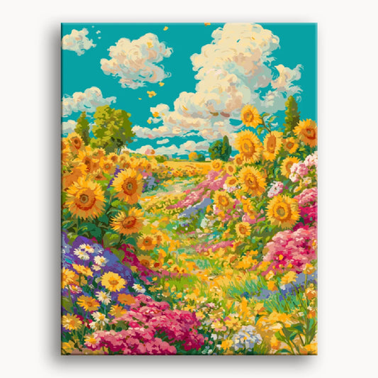 A vibrant painting of sunflowers and various flowers blooming in a sunny field.