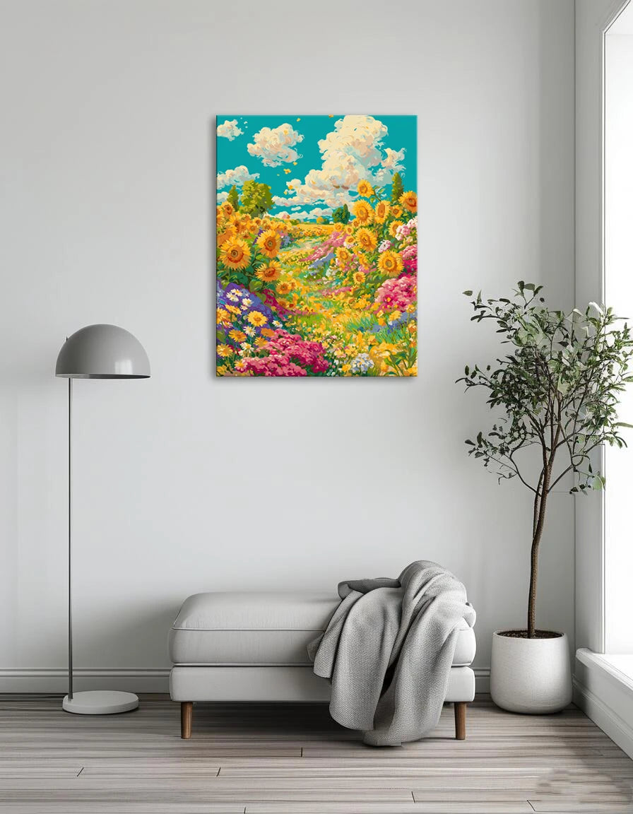 A vibrant painting of sunflowers and various flowers blooming in a sunny field.