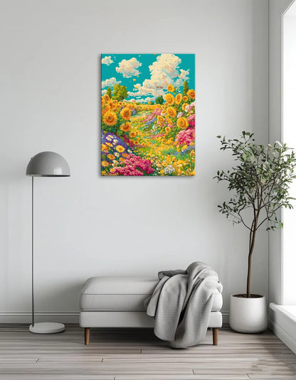 A vibrant painting of sunflowers and various flowers blooming in a sunny field.