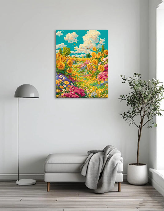 A vibrant painting of sunflowers and various flowers blooming in a sunny field.