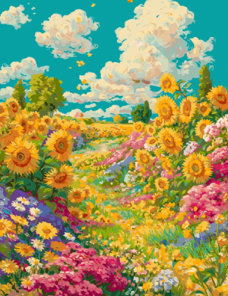 A vibrant painting of sunflowers and various flowers blooming in a sunny field.