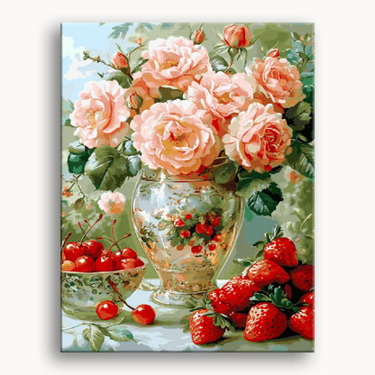 A painting depicting a vase filled with vibrant roses and fresh strawberries on a textured background.