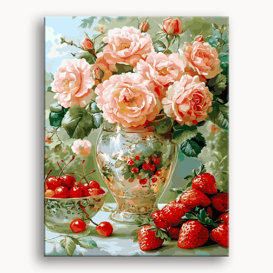 A painting depicting a vase filled with vibrant roses and fresh strawberries on a textured background.