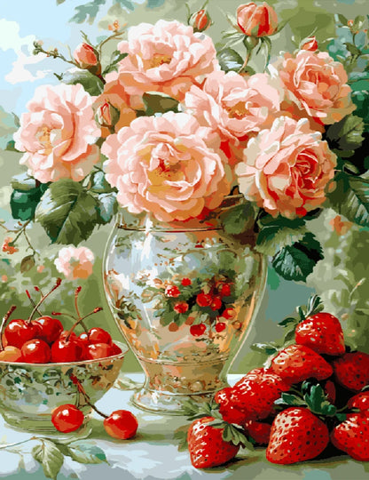 A painting depicting a vase filled with vibrant roses and fresh strawberries on a textured background.