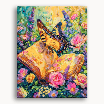A painting depicting a butterfly resting on an open book surrounded by colorful flowers.