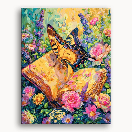 A painting depicting a butterfly resting on an open book surrounded by colorful flowers.