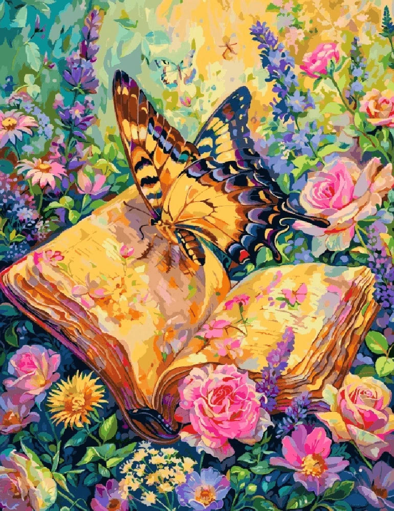 A painting depicting a butterfly resting on an open book surrounded by colorful flowers.