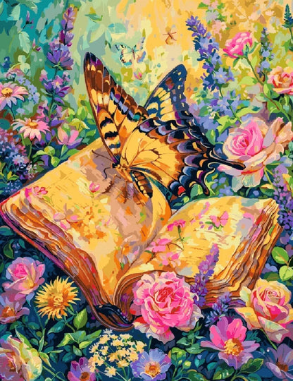 A painting depicting a butterfly resting on an open book surrounded by colorful flowers.