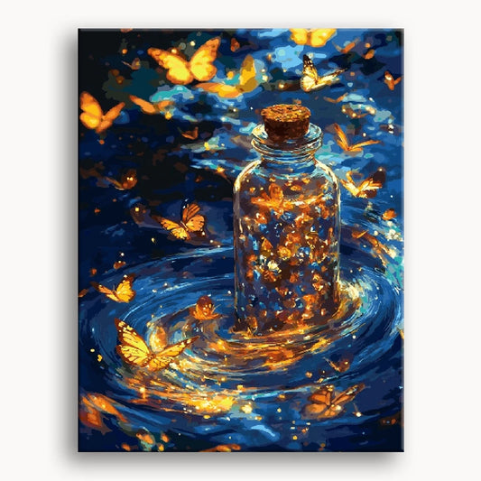 A painting depicting colorful butterflies gracefully floating inside a glass bottle against a soft background.