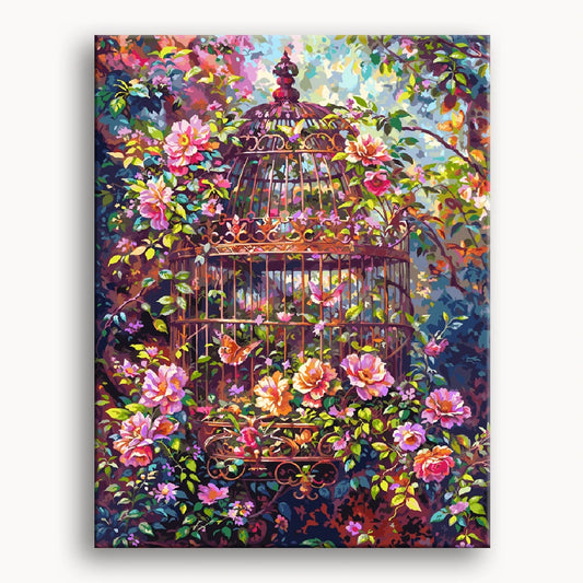 A painting depicting a birdcage surrounded by vibrant flowers, symbolizing freedom and nature's beauty.