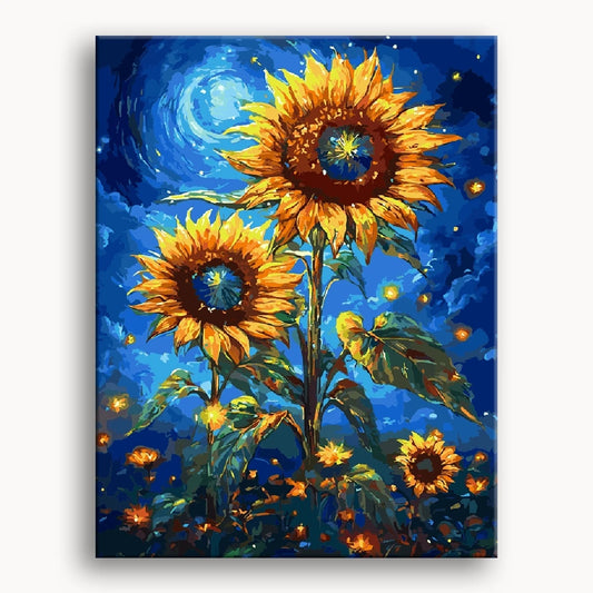 Sunflowers silhouetted against a starry night sky, creating a serene and enchanting atmosphere.