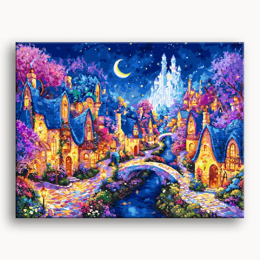 A night scene of a fairy tale village, featuring whimsical houses and twinkling stars in a deep blue sky.
