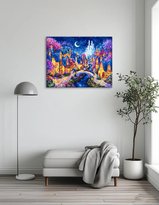 A night scene of a fairy tale village, featuring whimsical houses and twinkling stars in a deep blue sky.