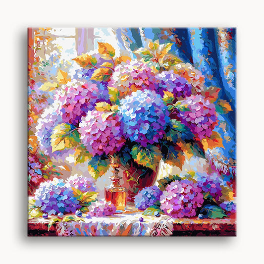 A painting of a vase filled with vibrant purple flowers against a soft background.