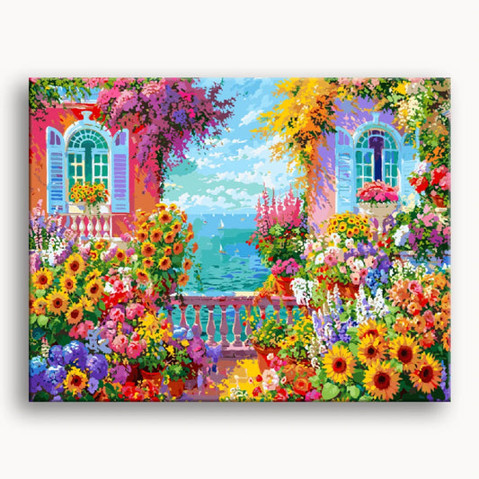 A vibrant painting of a garden filled with colorful flowers and lush green plants.