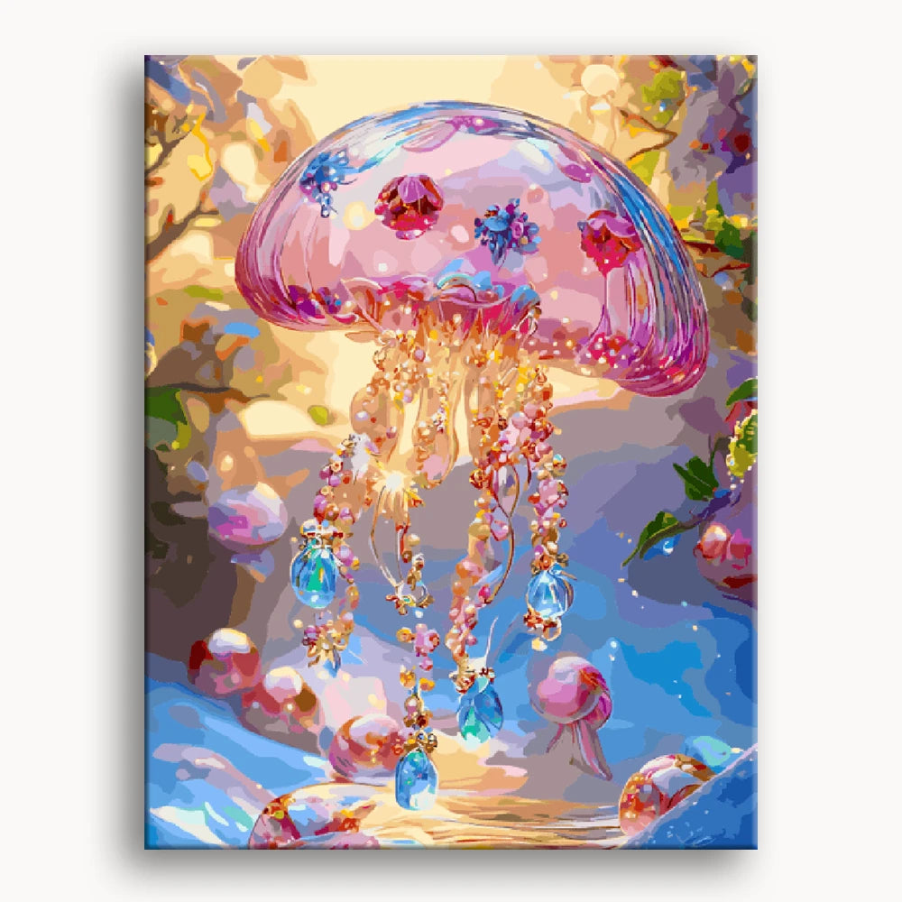 A vibrant painting of a jellyfish adorned with colorful jewels and blooming flowers, creating a whimsical underwater scene.