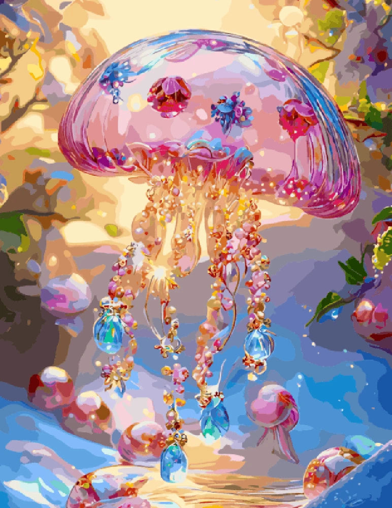 A vibrant painting of a jellyfish adorned with colorful jewels and blooming flowers, creating a whimsical underwater scene.