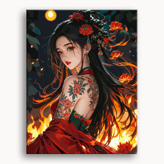 A beautiful woman in a red dress surrounded by flowers and flames, exuding elegance and intensity.
