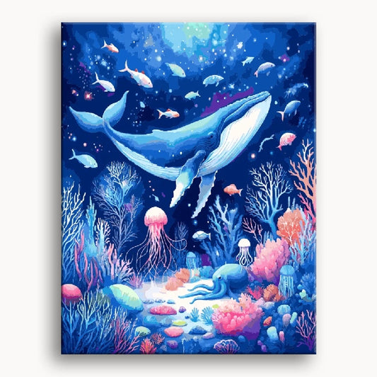 A vibrant painting depicting a whale swimming above a colorful coral reef teeming with marine life.