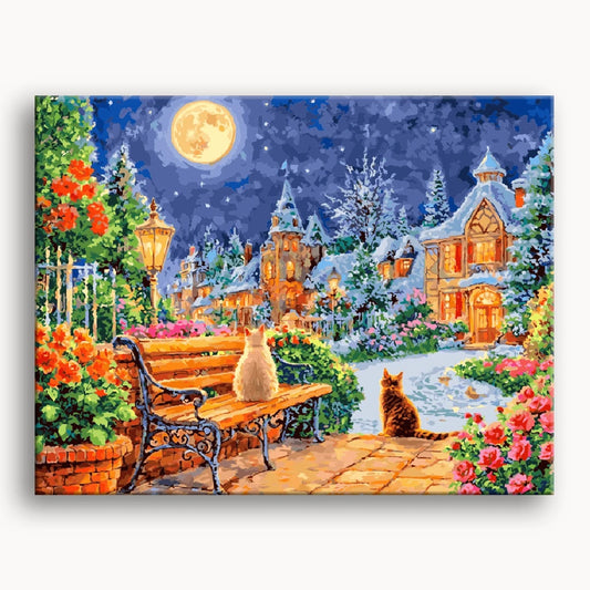 A painting of a cat and dog sitting together on a bench in front of a charming house.