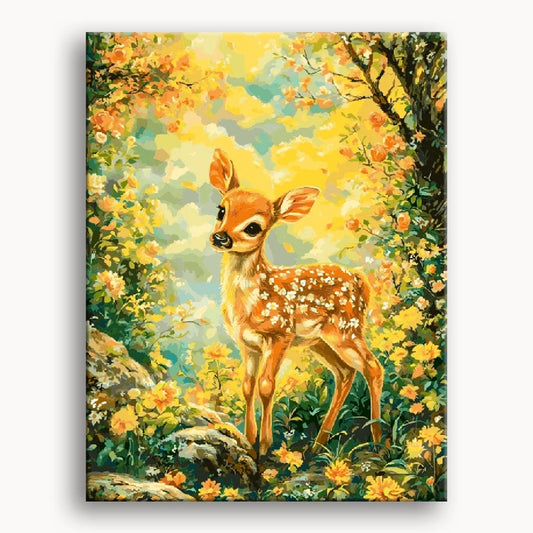 A serene painting of a deer standing among trees in a lush green forest.