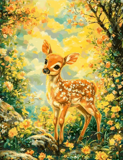 A serene painting of a deer standing among trees in a lush green forest.