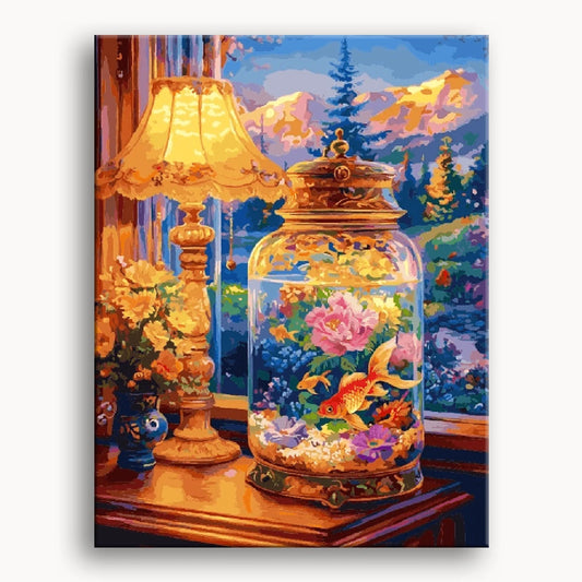 A colorful painting depicting a fish tank surrounded by vibrant flowers.