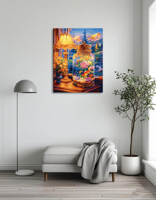 A colorful painting depicting a fish tank surrounded by vibrant flowers.