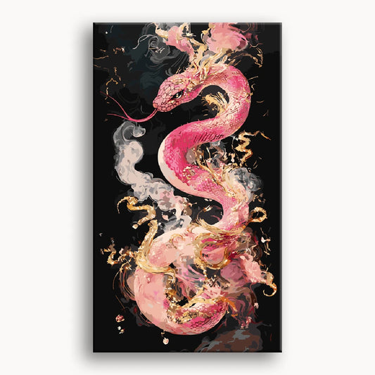 A pink snake featuring vibrant gold and pink patterns slithers gracefully across a textured surface.