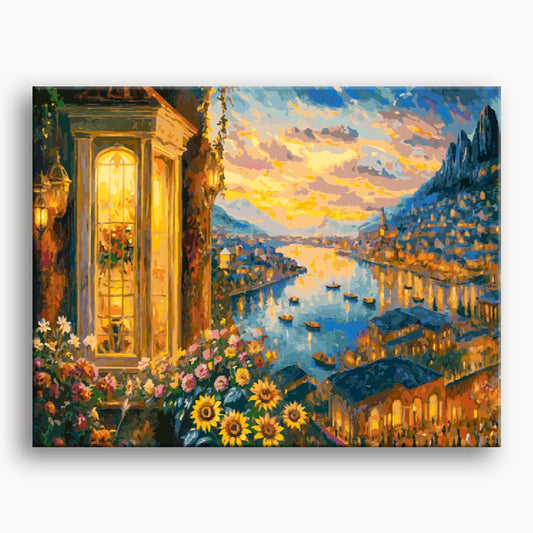 A painting depicting a city skyline at sunset, with vibrant colors illuminating the buildings and sky.
