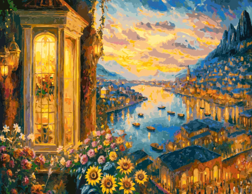 A painting depicting a city skyline at sunset, with vibrant colors illuminating the buildings and sky.