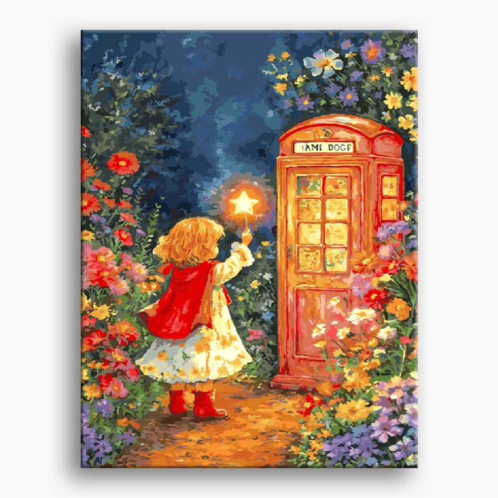 A girl holds a glowing star in front of a vintage telephone booth, creating a whimsical and enchanting scene.