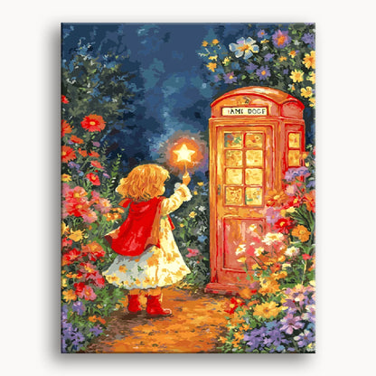 A girl holds a glowing star in front of a vintage telephone booth, creating a whimsical and enchanting scene.