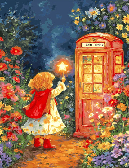 A girl holds a glowing star in front of a vintage telephone booth, creating a whimsical and enchanting scene.