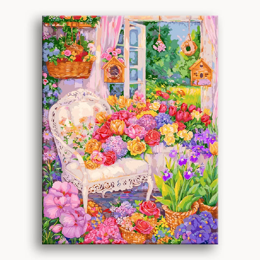 A painting depicting a room adorned with vibrant flowers and colorful birds, creating a lively and serene atmosphere.