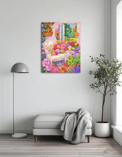 A painting depicting a room adorned with vibrant flowers and colorful birds, creating a lively and serene atmosphere.